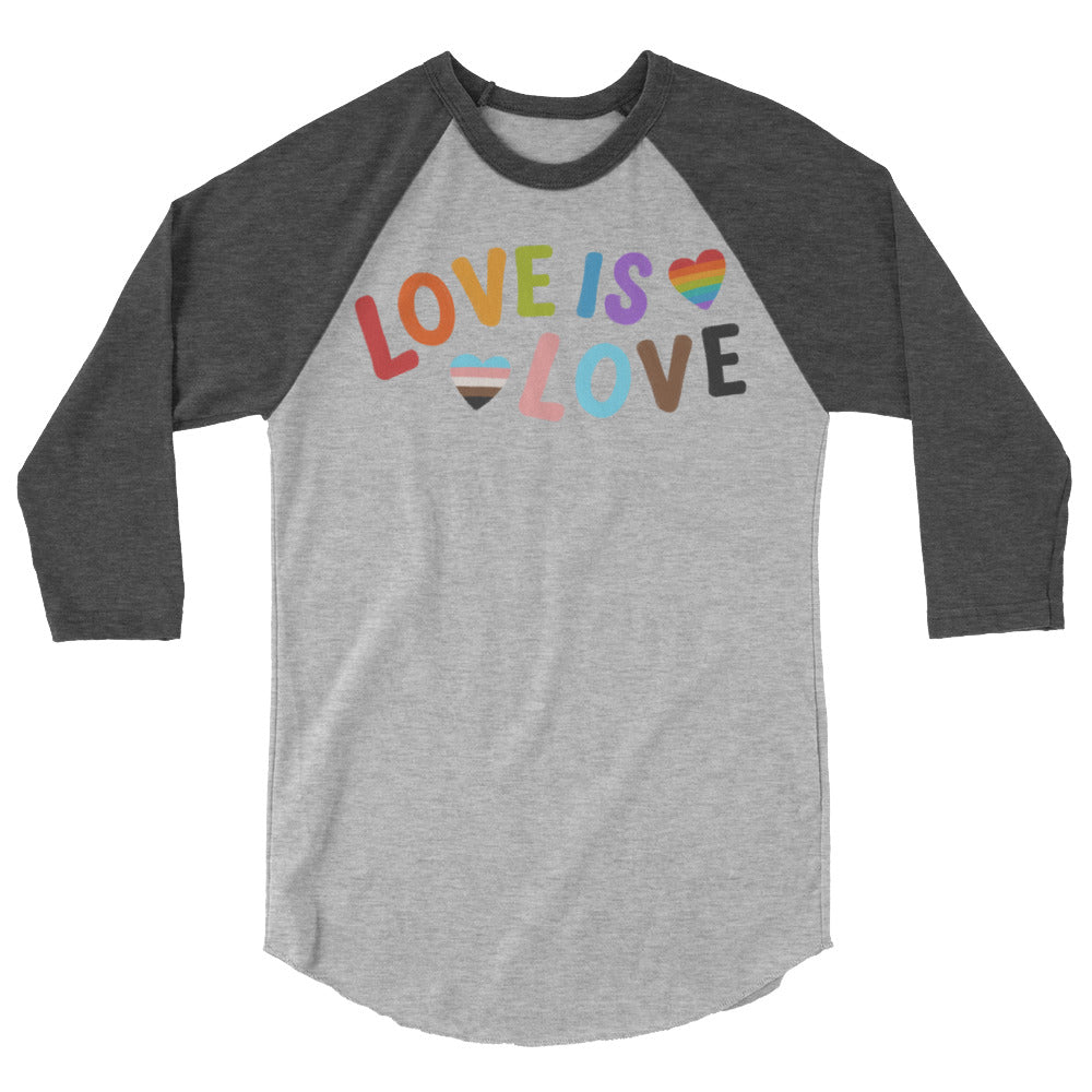 Front-facing gray raglan shirt with dark three-quarter sleeves and “LOVE IS LOVE” text