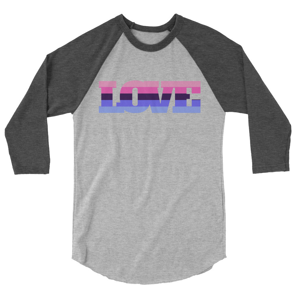 Front view of a gray raglan shirt with dark sleeves and colorful LOVE lettering