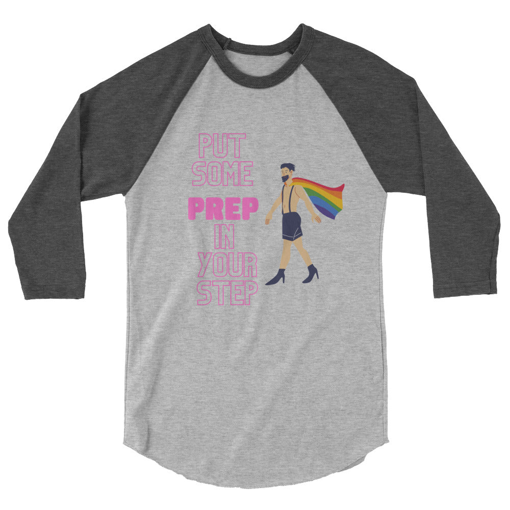 Gray raglan shirt with dark three-quarter sleeves, pink “PUT SOME PREP IN YOUR STEP” text, and a caped figure