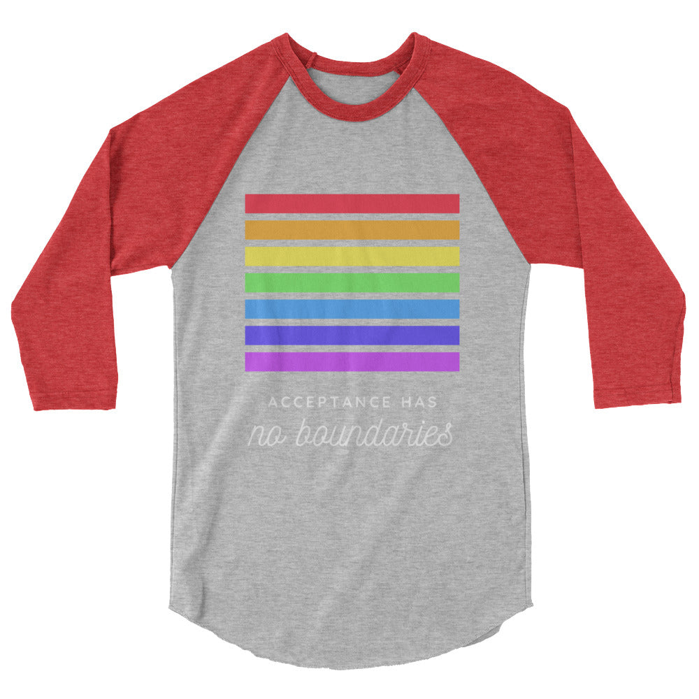 Front view of a gray raglan shirt with red sleeves, rainbow bars, and “Acceptance Has no boundaries” text