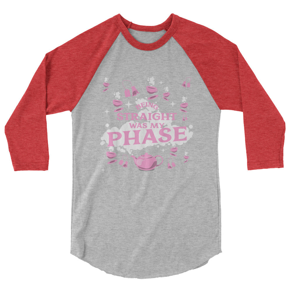 Front view of a gray raglan shirt with red sleeves reading “Being Straight Was My Phase”