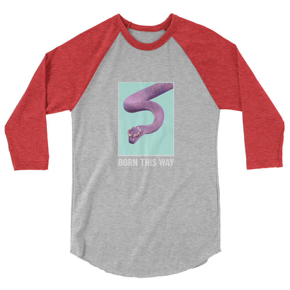 Front view of a gray raglan shirt with red three-quarter sleeves and a purple snake graphic