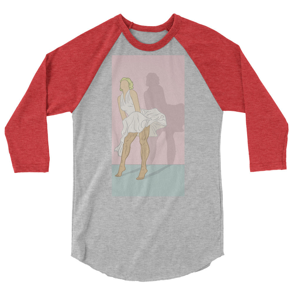 Front view of a gray and red raglan shirt with a pin-up figure graphic