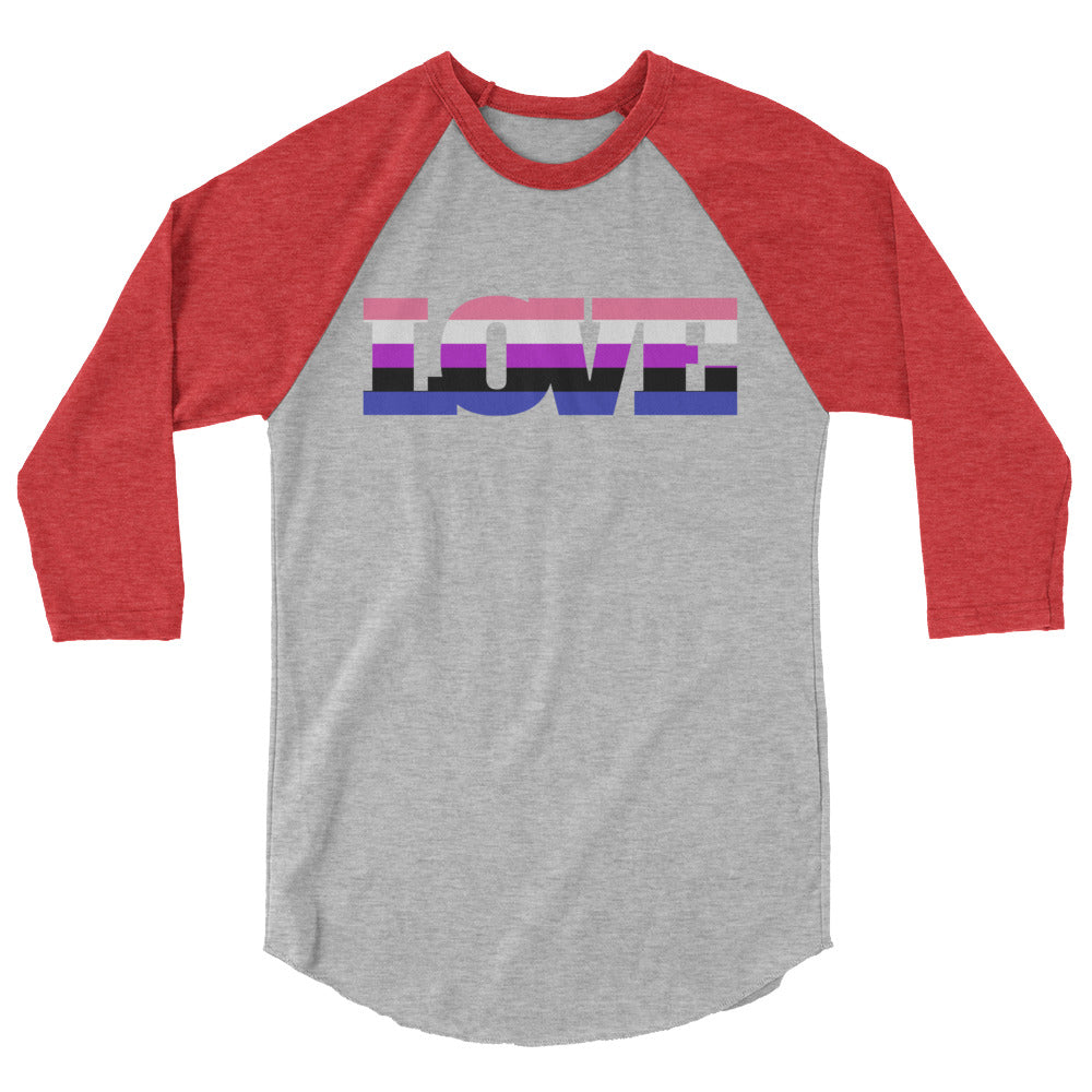 Front view of a gray raglan shirt with red three-quarter sleeves and “LOVE” stripes