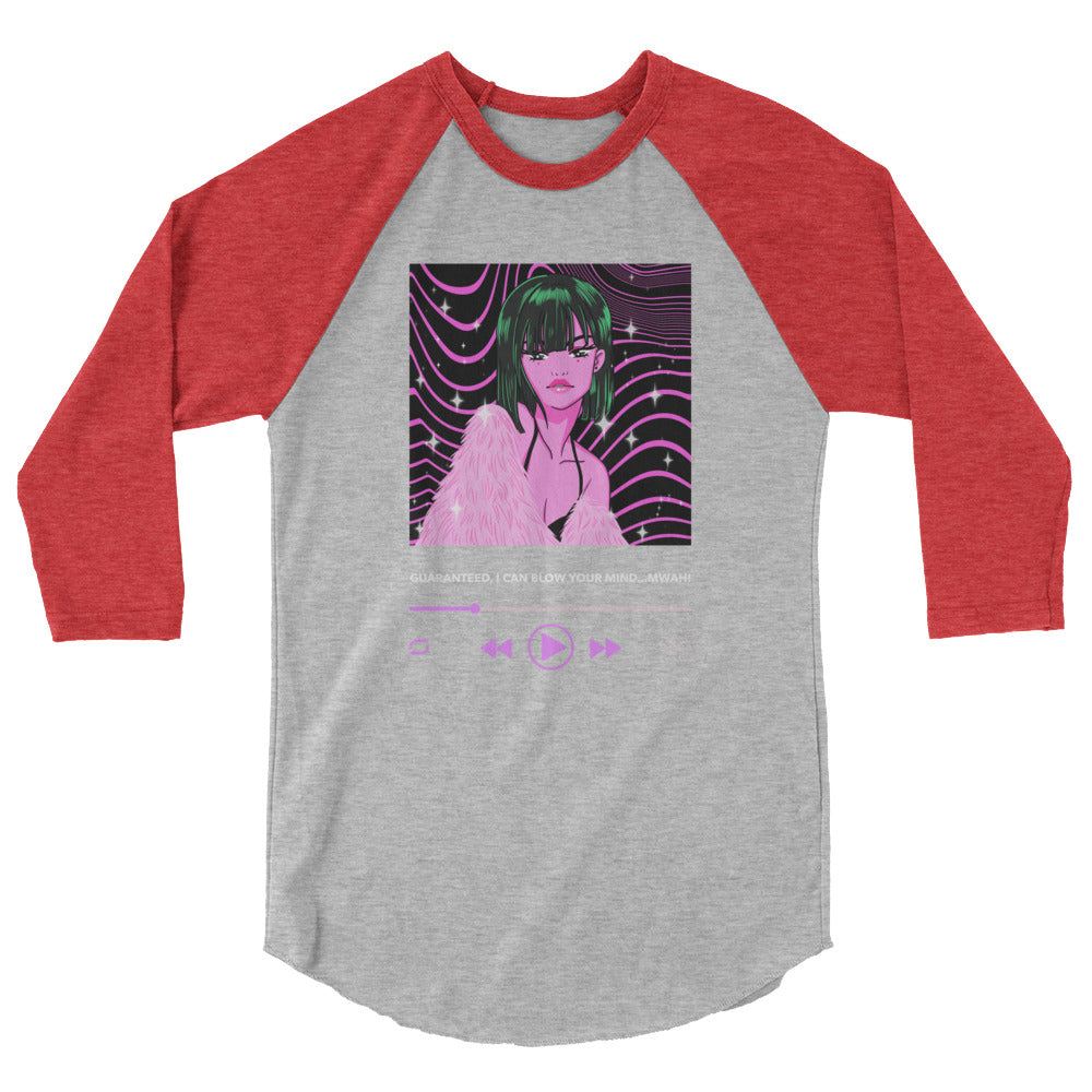 Gray and red raglan shirt with anime woman graphic and playback controls