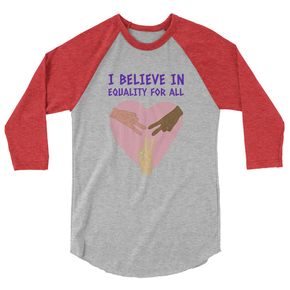 Gray raglan shirt with red three-quarter sleeves, equality slogan, and heart graphic