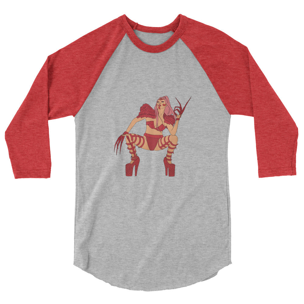 Front view of a gray raglan shirt with red three-quarter sleeves and a pin-up devil graphic