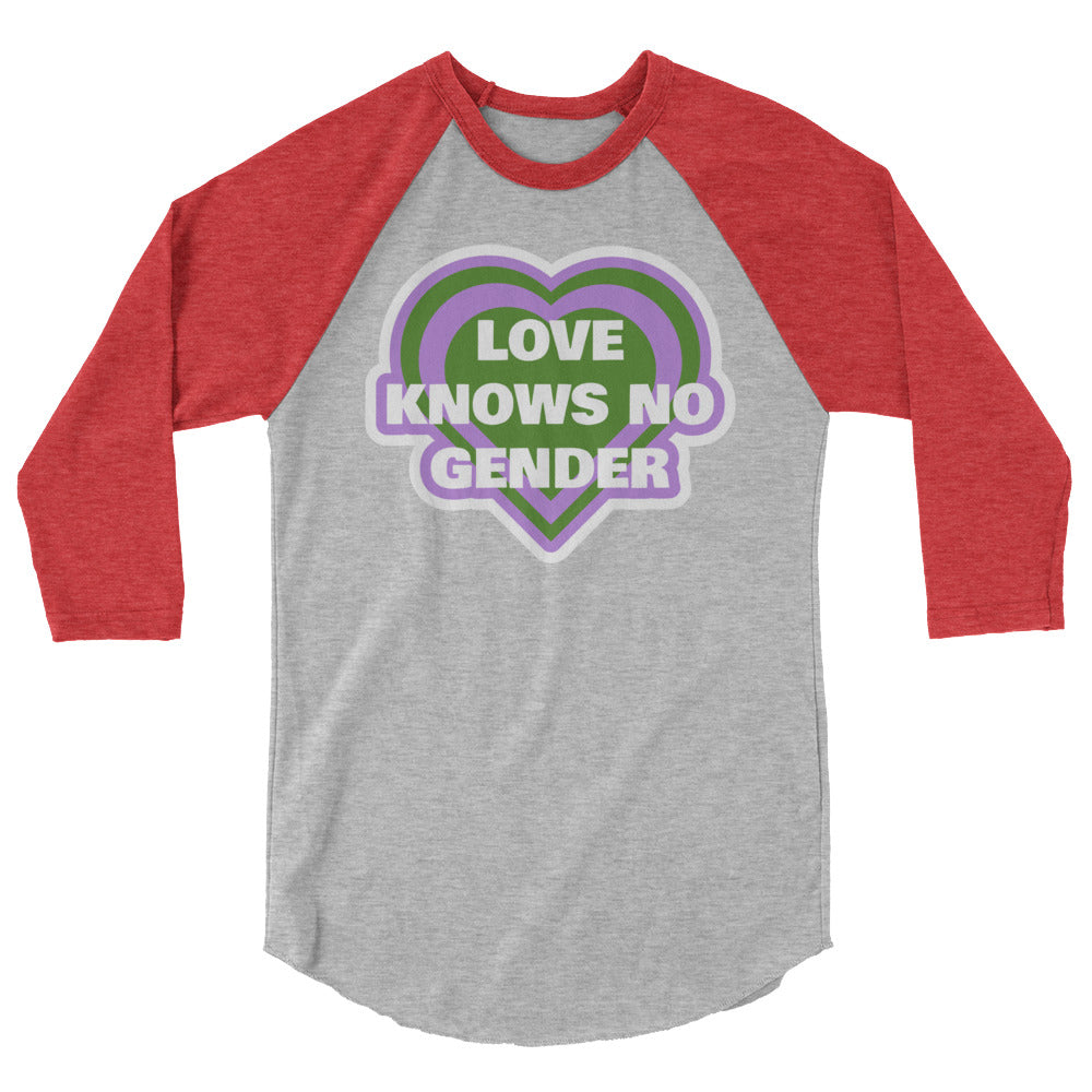 Front-view gray raglan shirt with red three-quarter sleeves and “LOVE KNOWS NO GENDER” heart graphic