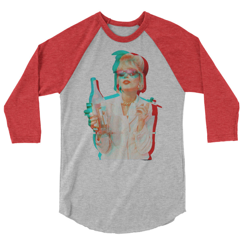 Front view of a gray raglan shirt with red three-quarter sleeves and a retro portrait graphic