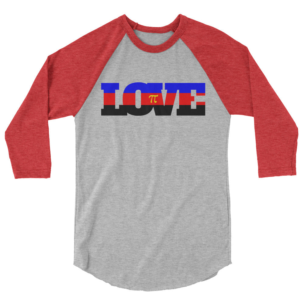 Front-facing gray raglan shirt with red three-quarter sleeves and LOVE graphic
