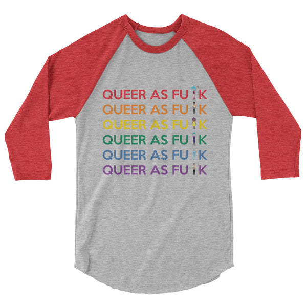 Gray and red 3/4-sleeve raglan shirt; queer Pride raglan shirt with “Queer As F#CK 3/4 Sleeve” design