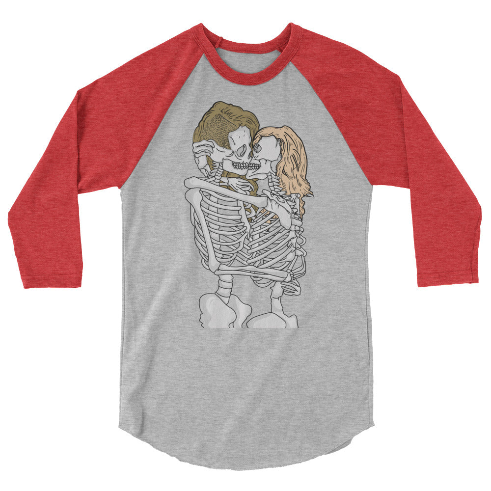 Front-facing gray raglan shirt with red three-quarter sleeves and kissing skeletons