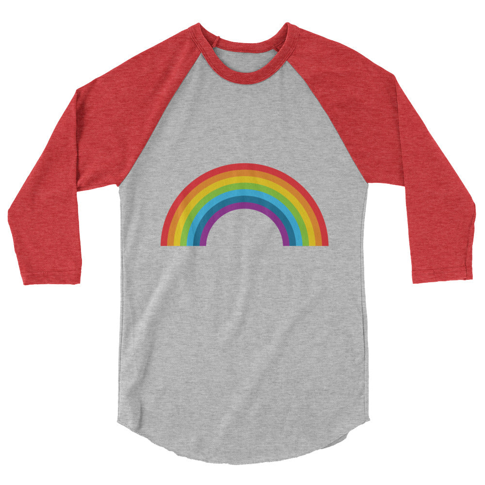 Front view of a gray raglan shirt with red three-quarter sleeves and a rainbow graphic