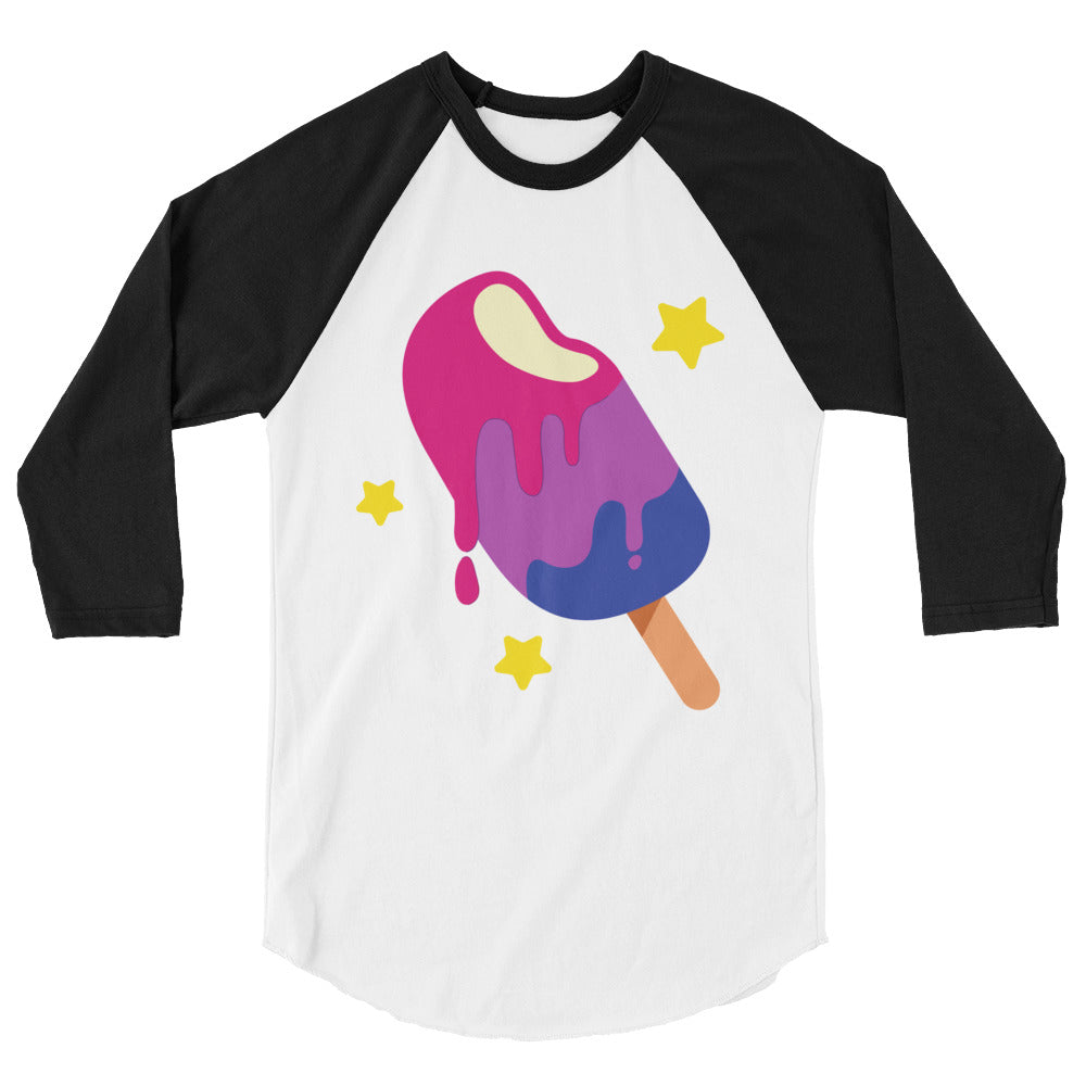 White and black raglan shirt with a colorful melting popsicle and yellow stars