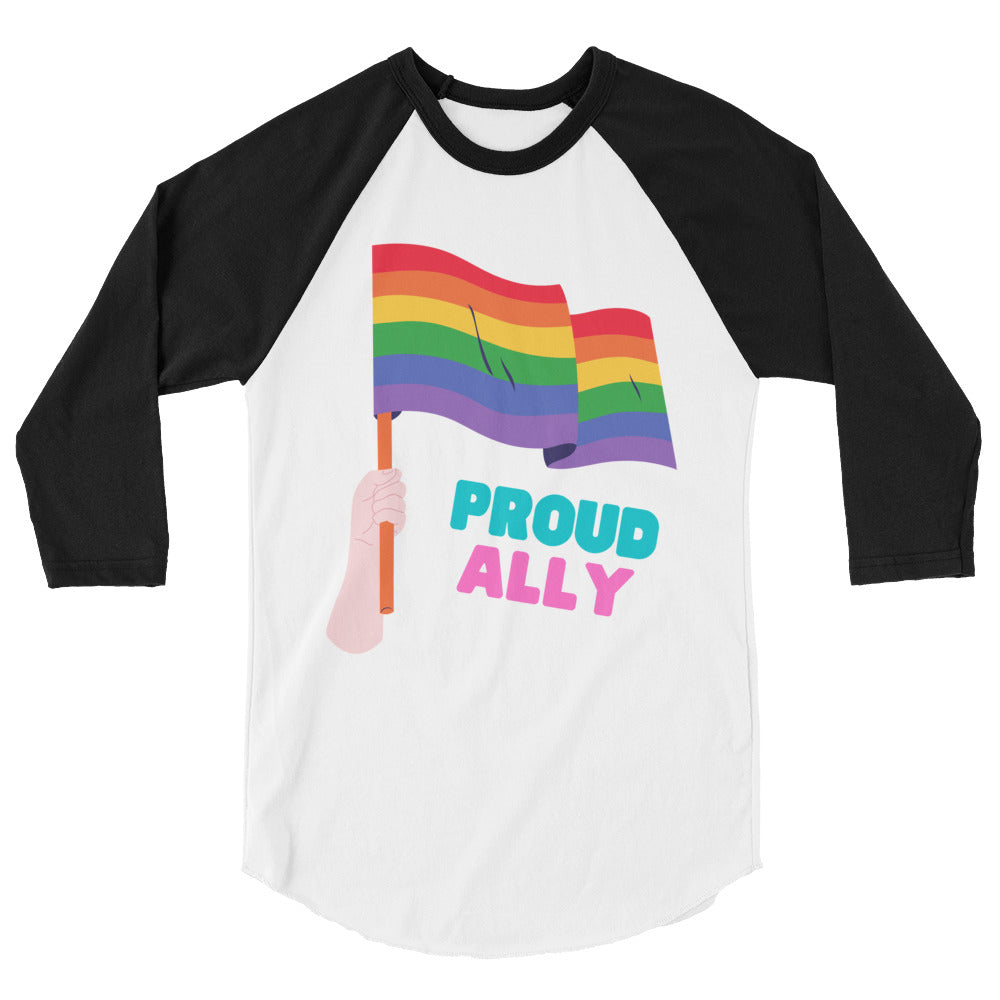 White raglan shirt with black three-quarter sleeves, rainbow flag graphic, and “PROUD ALLY” text