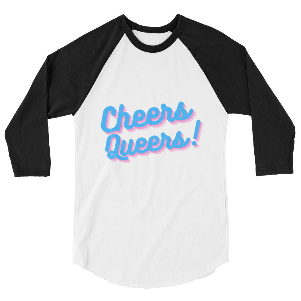 Black-and-white raglan shirt with pink-and-blue “Cheers Queers!” lettering