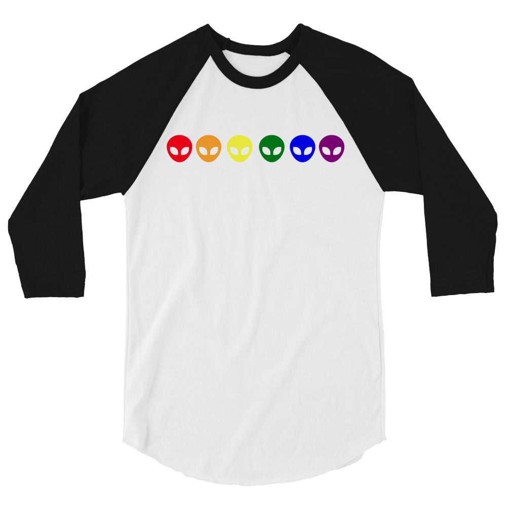 Front view of a white raglan shirt with black three-quarter sleeves and six colorful alien faces