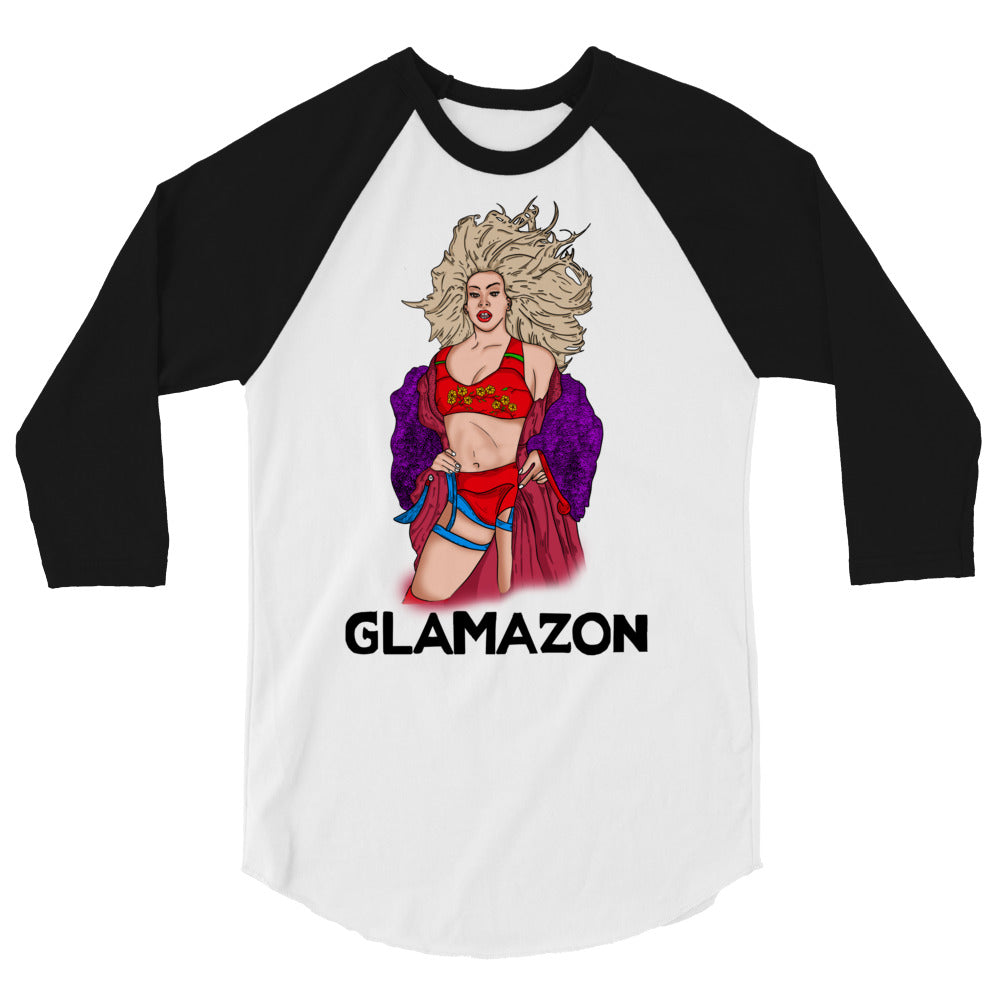 Front view of a white-and-black raglan shirt with a glamorous illustrated woman and “GLAMAZON” text