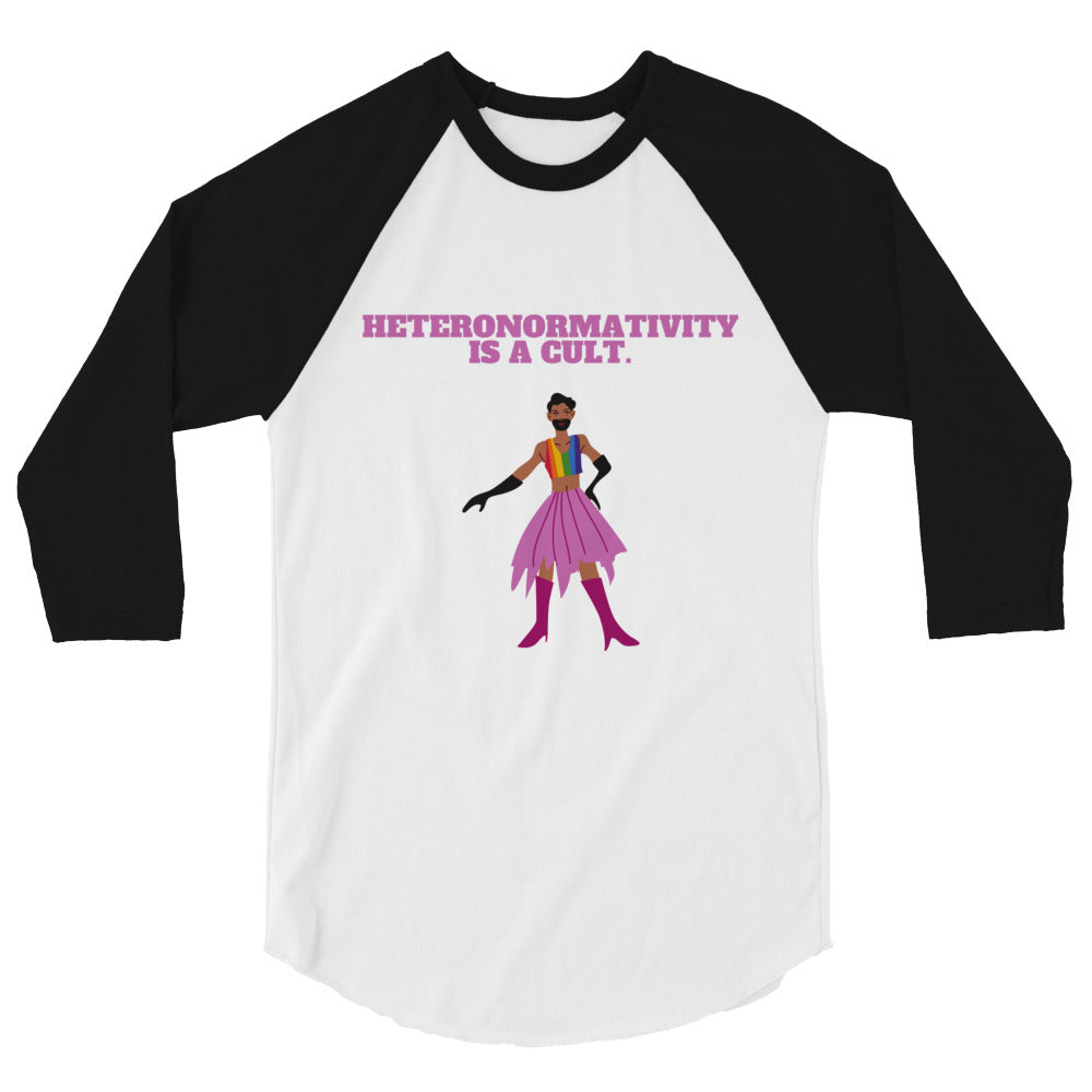 Front view of a white raglan shirt with black three-quarter sleeves and a colorful figure