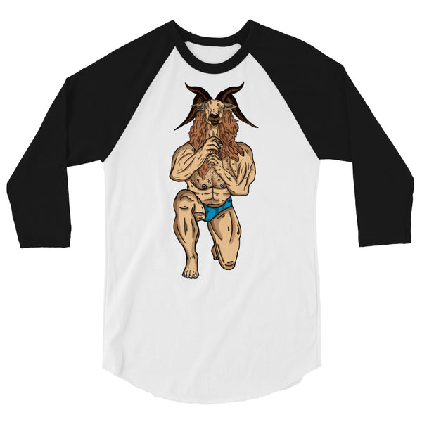 Front view of a white raglan shirt with black three-quarter sleeves and a goat-man illustration