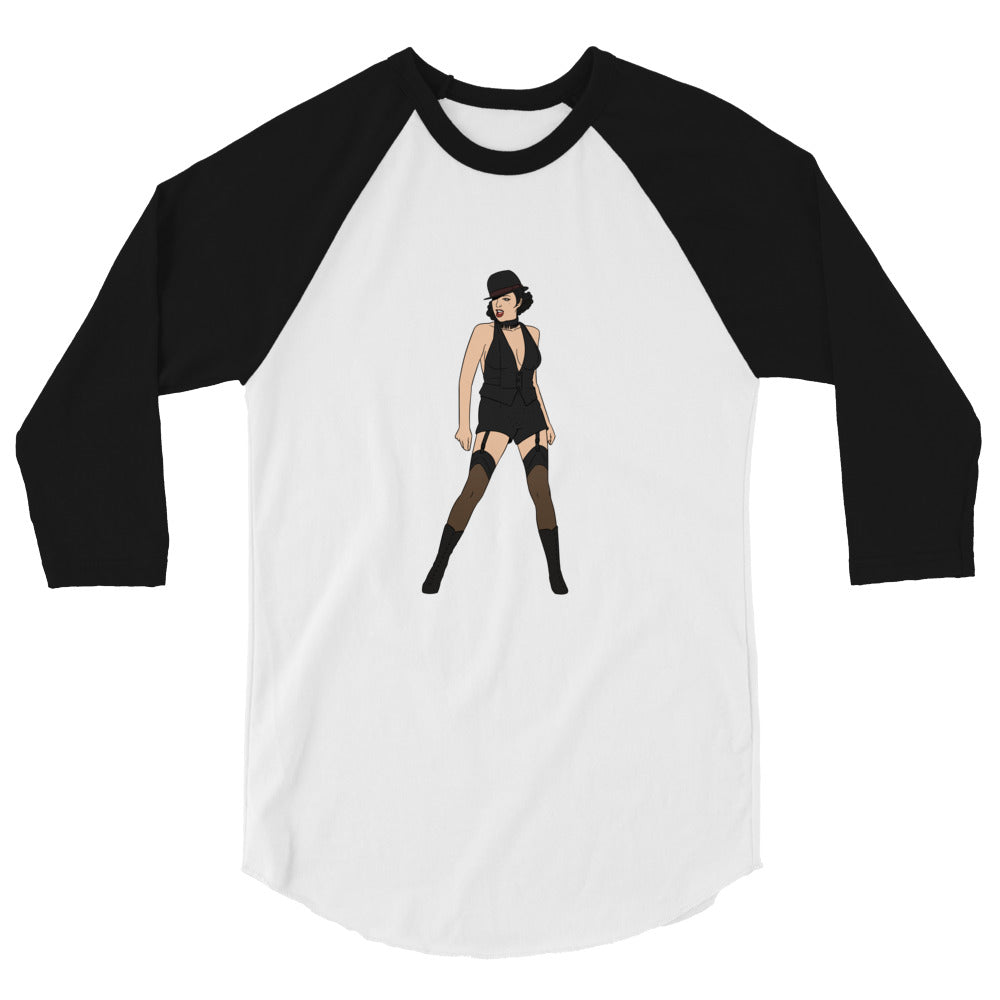 Front view of a white raglan shirt with black sleeves and a performer illustration
