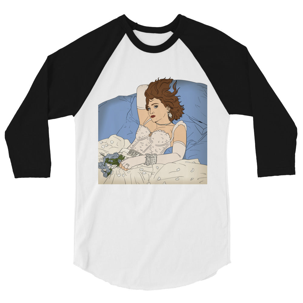 Front view of a white raglan shirt with black three-quarter sleeves and a Madonna illustration