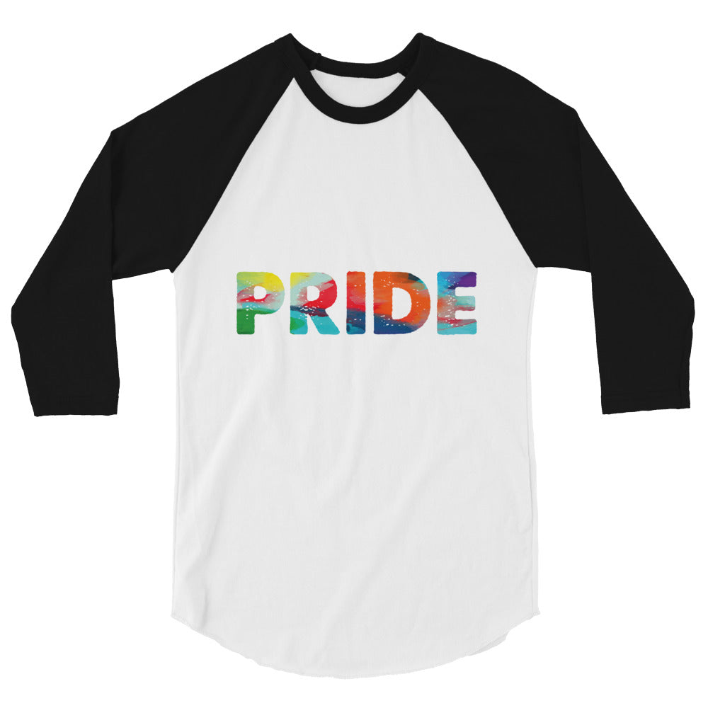 Front view of a white raglan shirt with black three-quarter sleeves and colorful PRIDE lettering