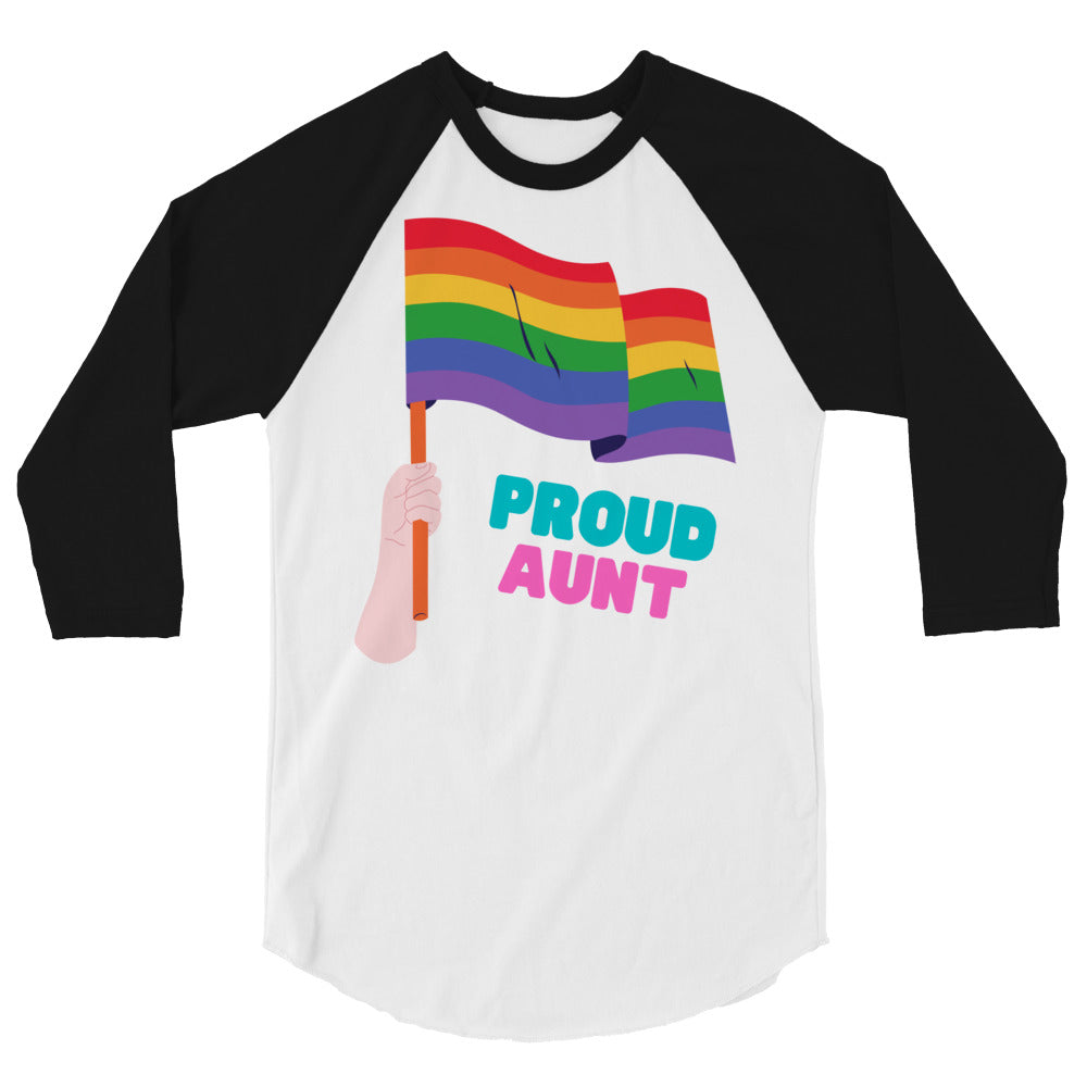 Front view of a white-and-black raglan shirt reading “PROUD AUNT” beneath rainbow flags