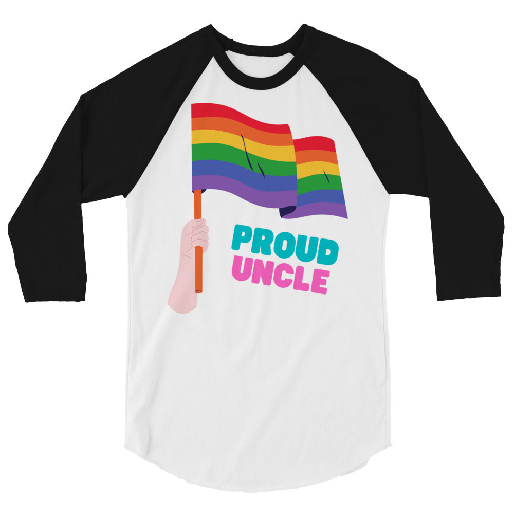 White-and-black raglan shirt with rainbow flags and “PROUD UNCLE” text