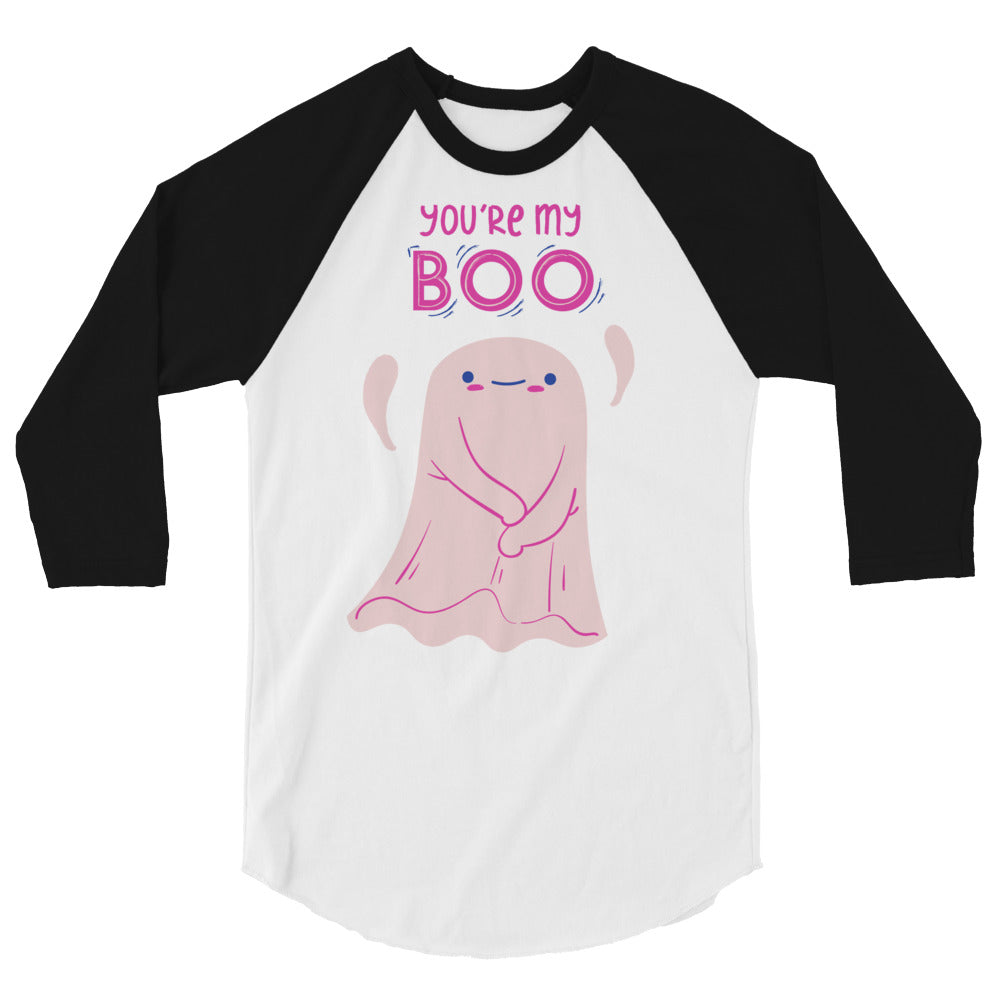 Front view of a white and black raglan shirt reading “YOU’RE MY BOO” above a pink ghost