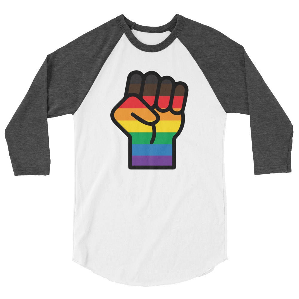 Front view of a white raglan shirt with dark gray three-quarter sleeves and a rainbow-striped raised fist
