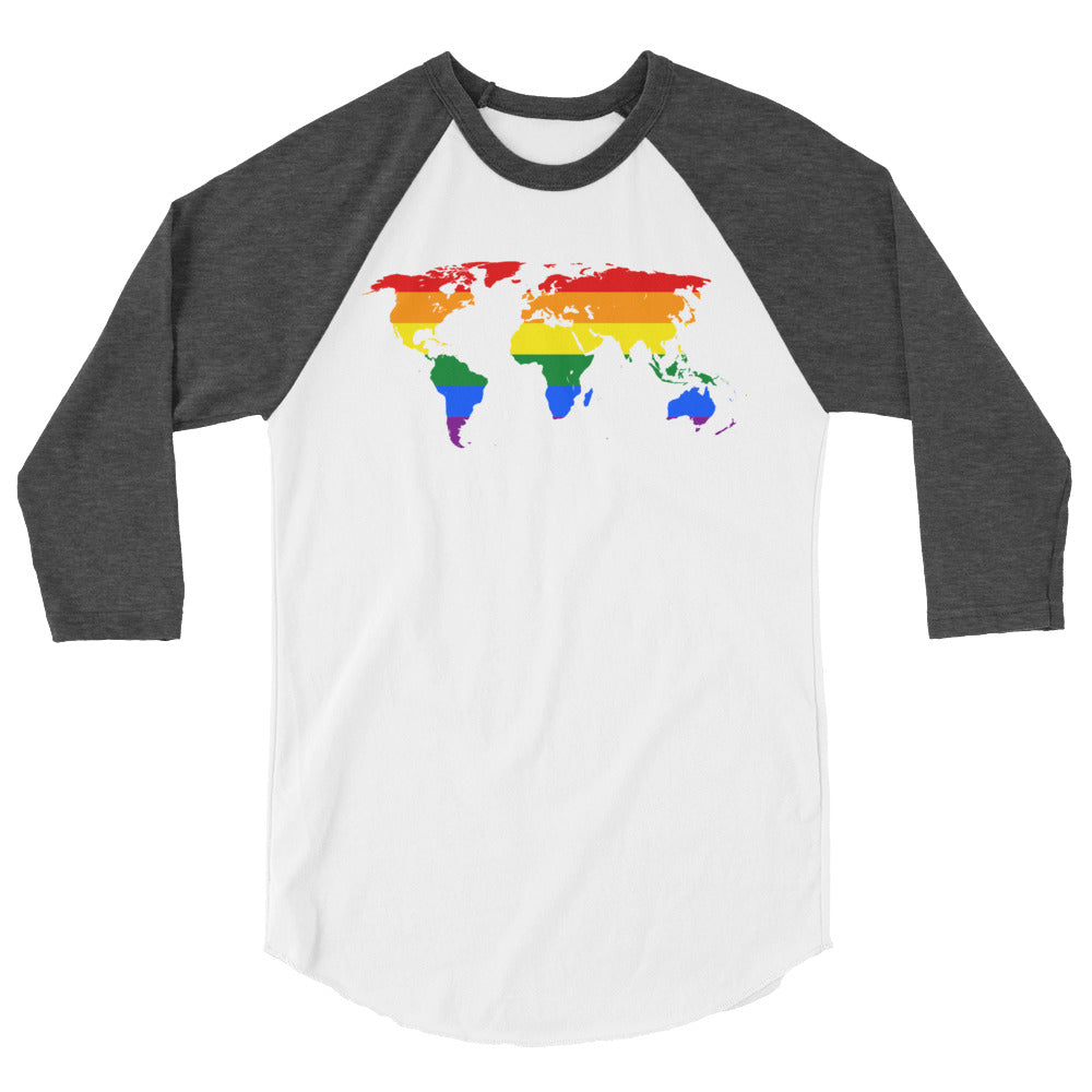 Front view of a white raglan shirt with dark gray three-quarter sleeves and rainbow world map