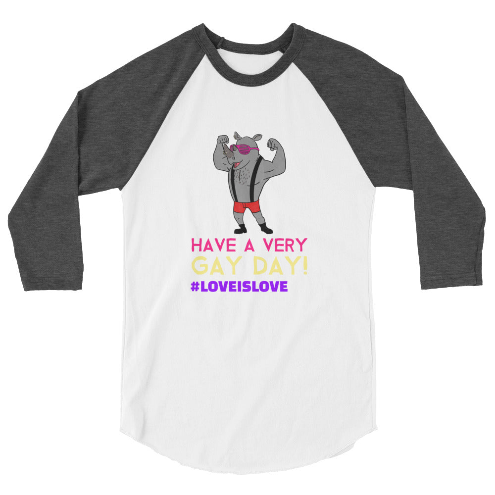Front view of a white raglan shirt with dark gray sleeves and a flexing bear graphic