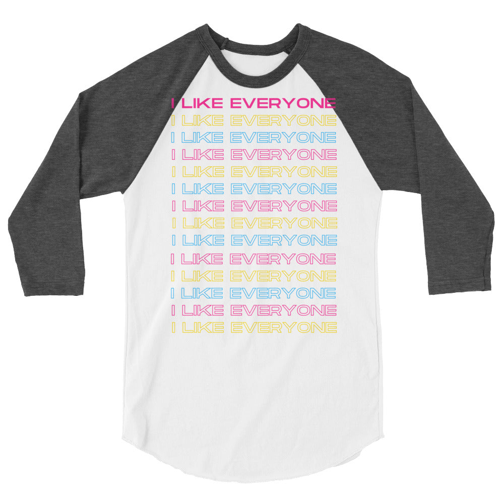 Front view of a white raglan shirt with dark gray three-quarter sleeves and repeated colorful “I LIKE EVERYONE” text