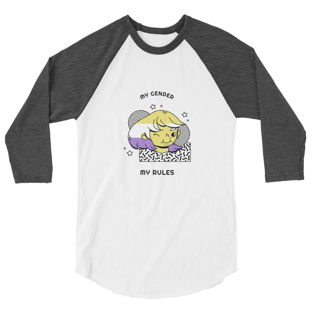 White and charcoal raglan shirt reading “MY GENDER” and “MY RULES” with a colorful cartoon graphic