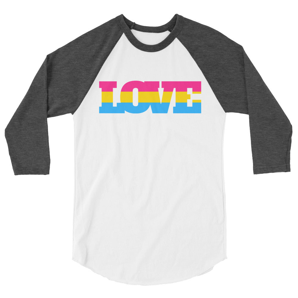White raglan shirt with dark gray three-quarter sleeves and multicolor LOVE graphic
