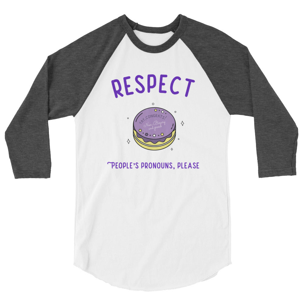 Front view of a white raglan shirt with charcoal sleeves and purple pronoun-respect text