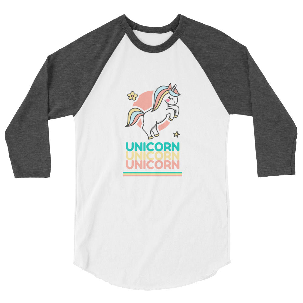 Front view of a white and charcoal raglan shirt with a unicorn and repeated “UNICORN” text