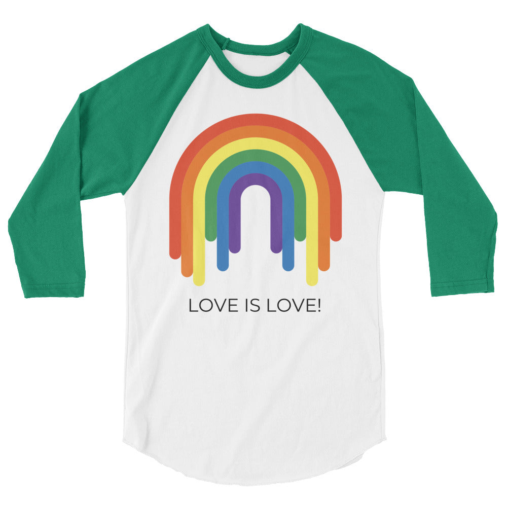Love Is Love rainbow raglan shirt with green three-quarter sleeves and curved hem