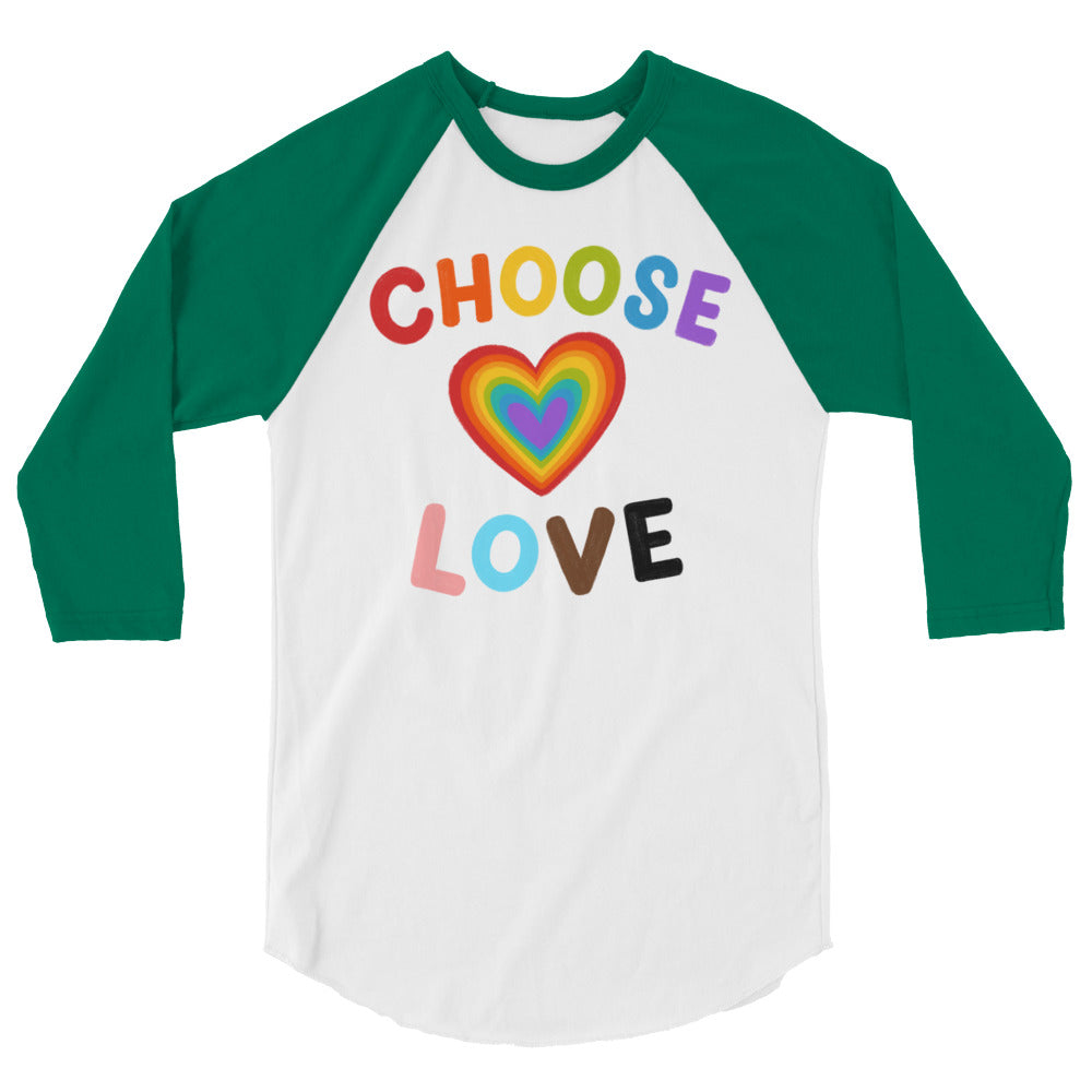 Front view of a white raglan shirt with green sleeves and colorful “CHOOSE LOVE” lettering