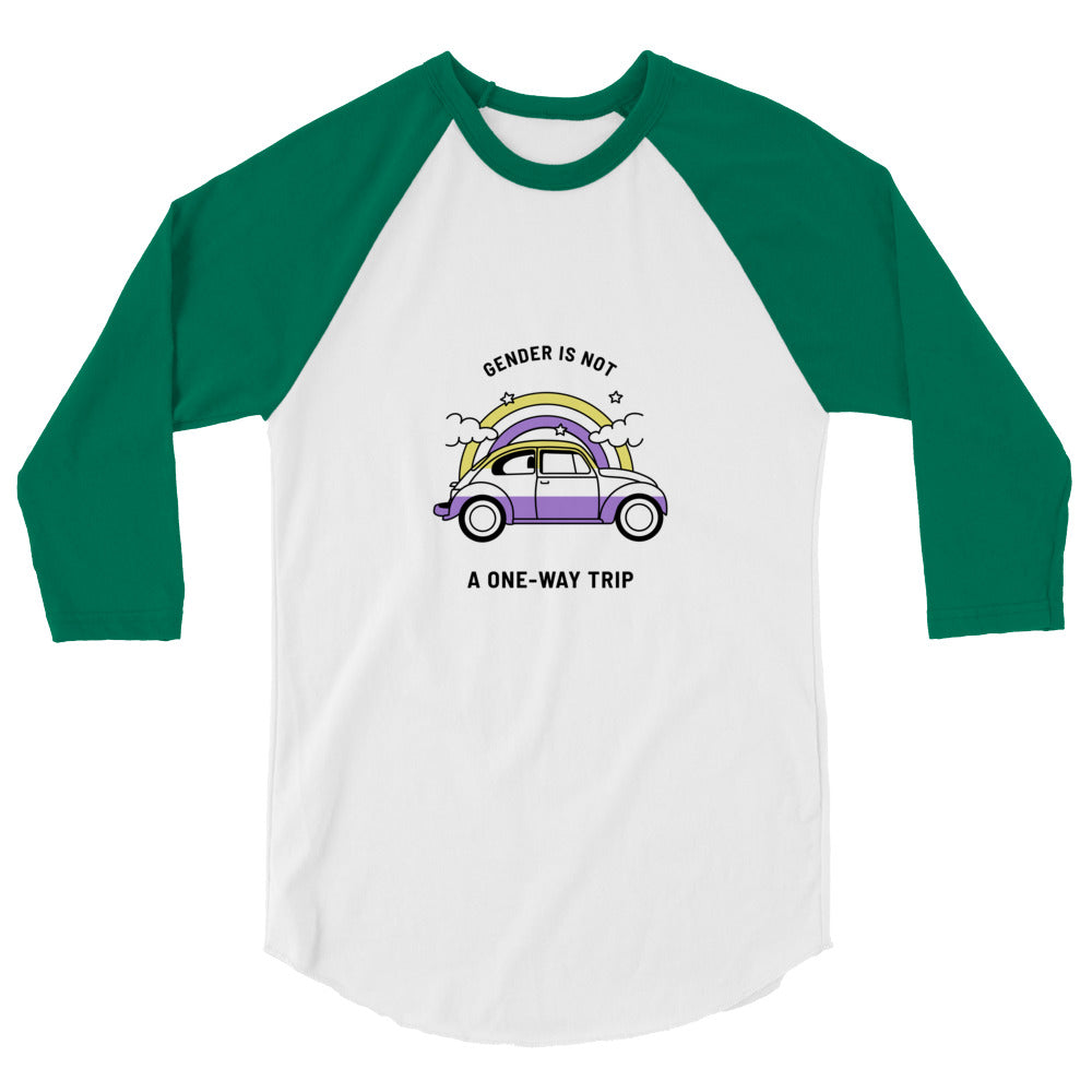Front view of a white raglan shirt with green three-quarter sleeves and a purple car graphic
