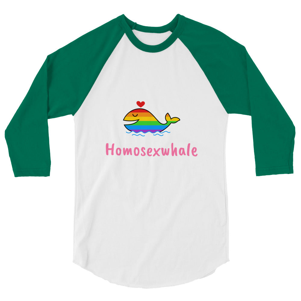 Front view of a white and green raglan shirt with a rainbow whale and “Homosexwhale” text