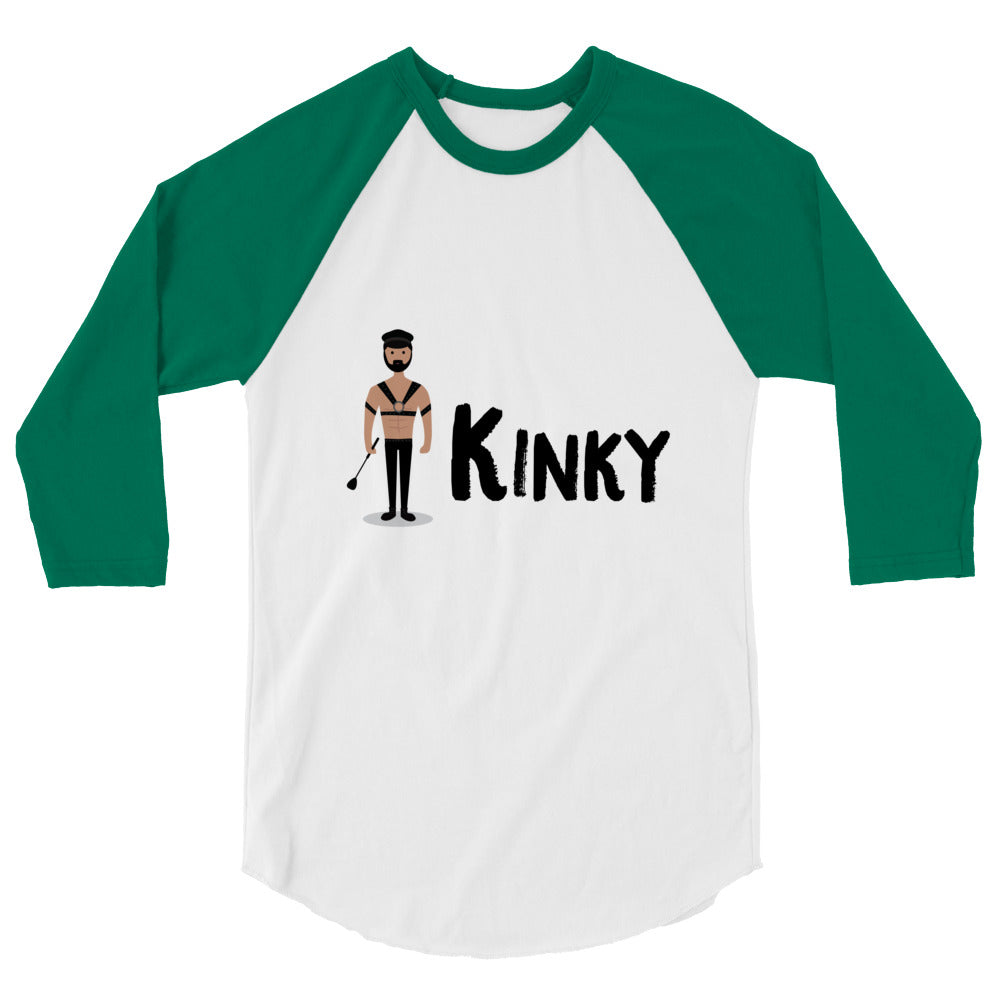 Kinky 3/4 Sleeve Raglan Shirt in white and green, "KINKY" text and leather cartoon, short-haired woman in gallery, queer vibe.