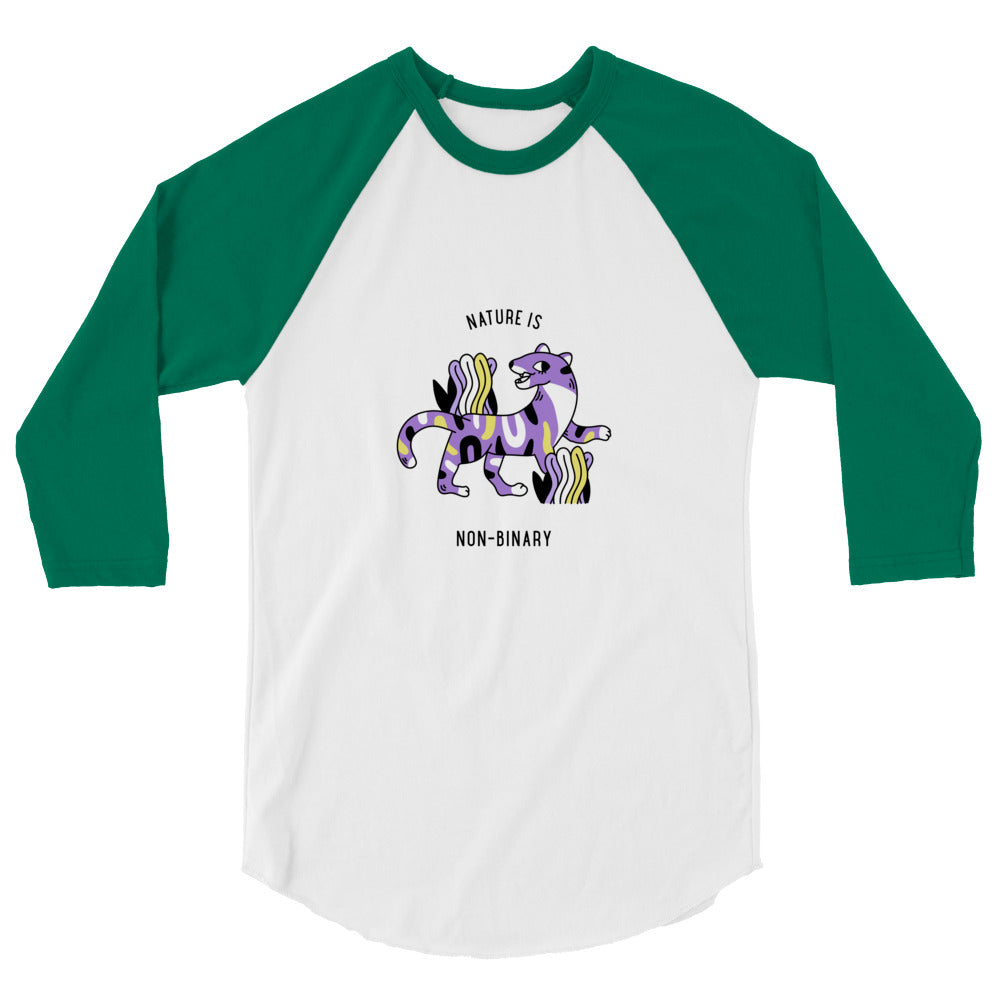 Front view of a white raglan shirt with green sleeves and “Nature Is Non-Binary” cat graphic
