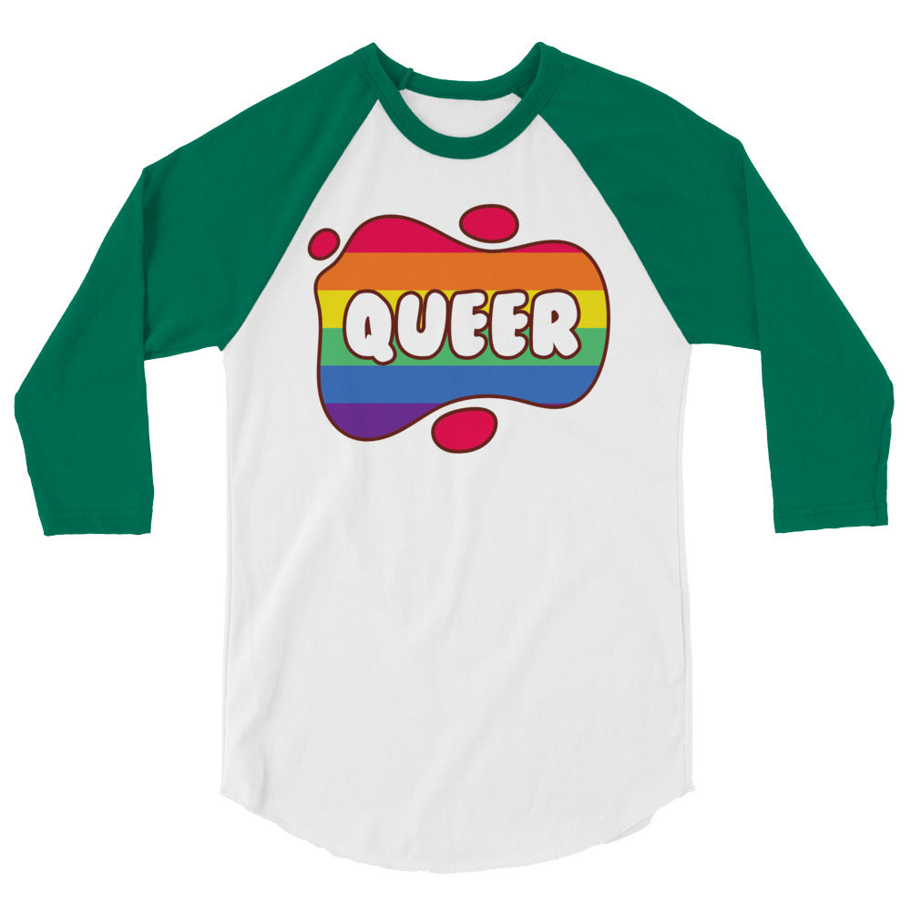 Green and white Queer 3/4 Sleeve Raglan Shirt with “QUEER” on a rainbow background, worn at Pride with rainbow flags and confetti.