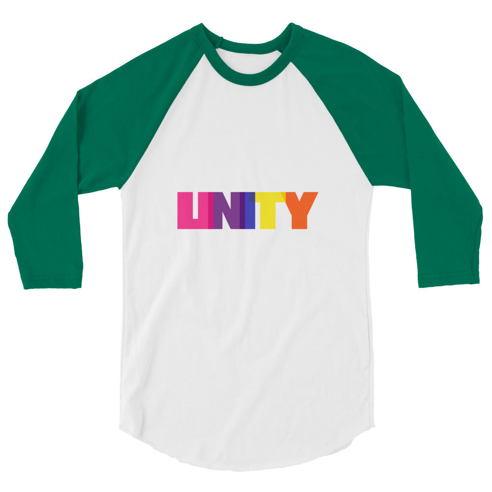 Front view of a white raglan shirt with green sleeves and colorful UNITY lettering