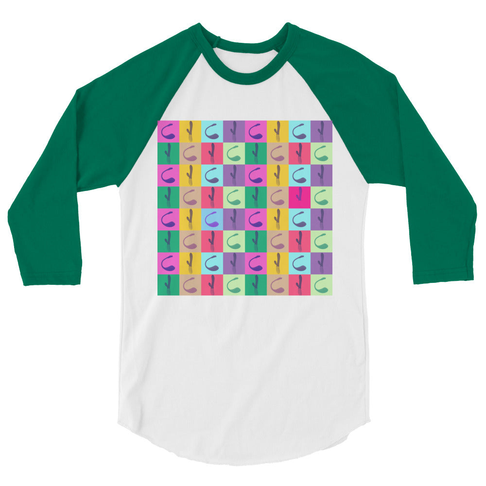 Front view of a white raglan shirt with green three-quarter sleeves and colorful vibrator icons