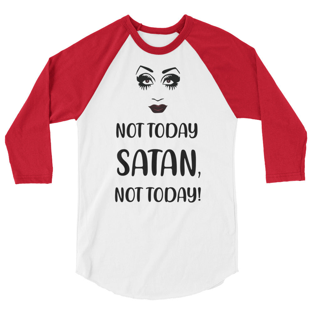 Front view of a red-and-white raglan shirt with a drag-inspired face and “Not Today Satan” slogan