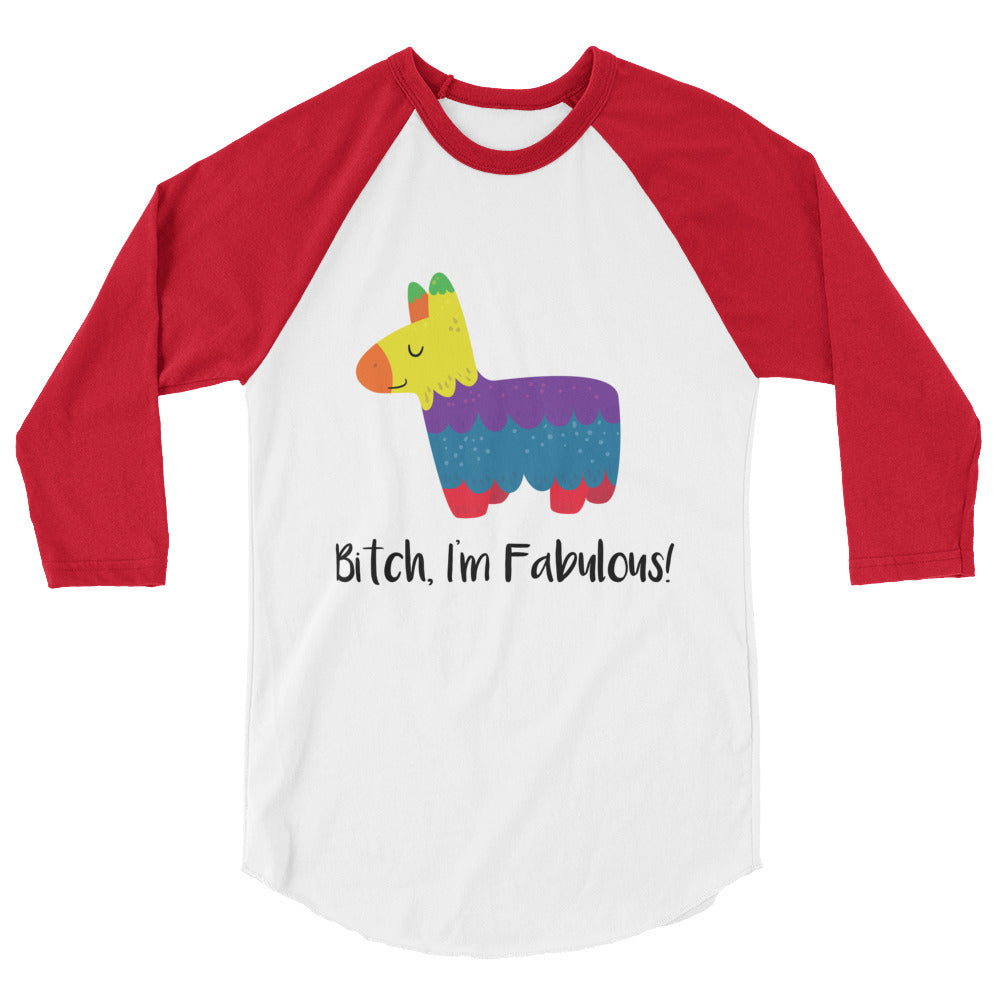 Red-and-white raglan shirt with a colorful llama and “Bitch, I’m Fabulous!” slogan