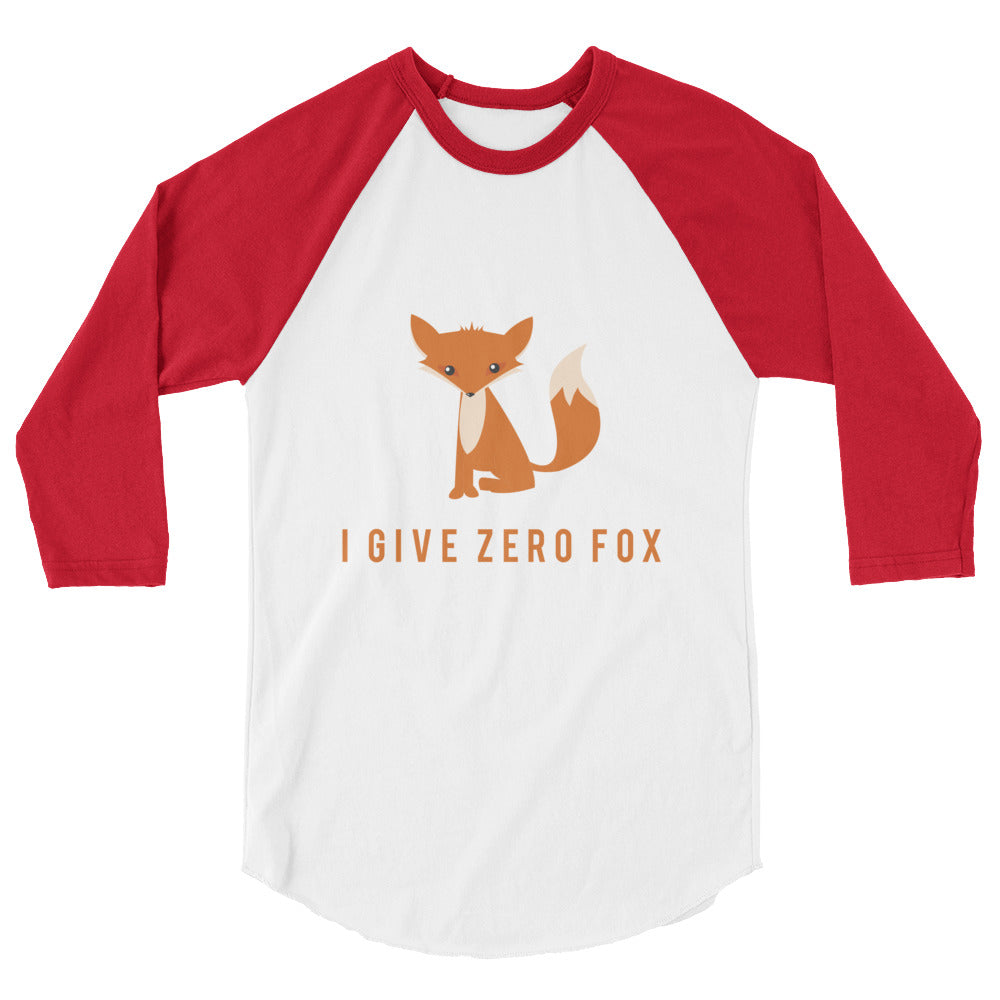 Red-and-white 3/4-sleeve raglan shirt with fox graphic and “I GIVE ZERO FOX” text